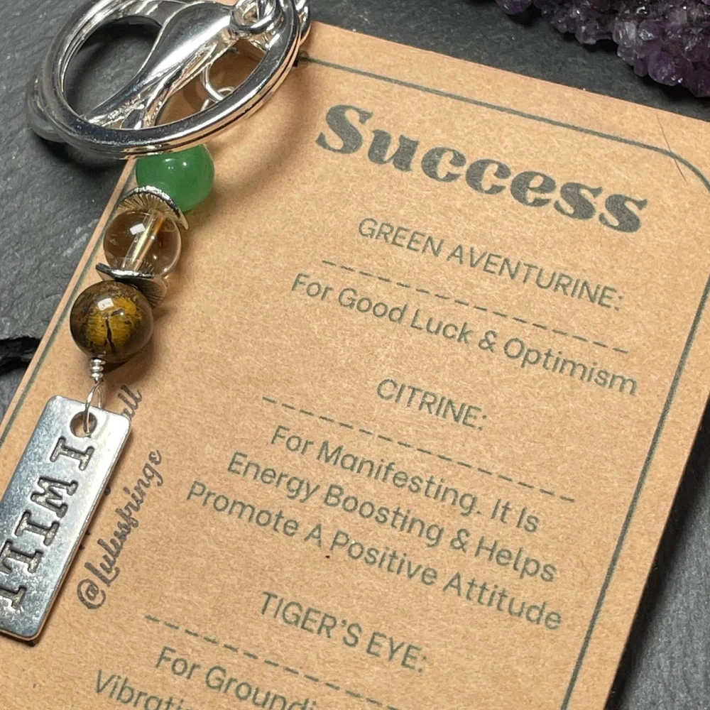 Success Crystal Guide Card And Green Aventurine Citrine And Tigers Eye Keychain